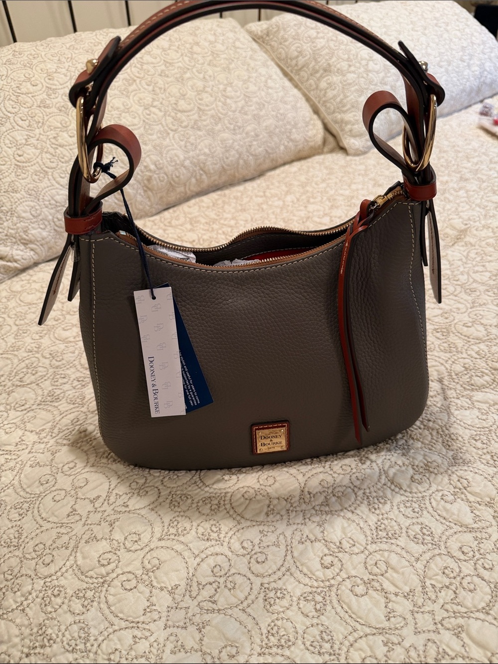Dooney & Bourke Gray Pebble Leather Hobo with Brown Trim